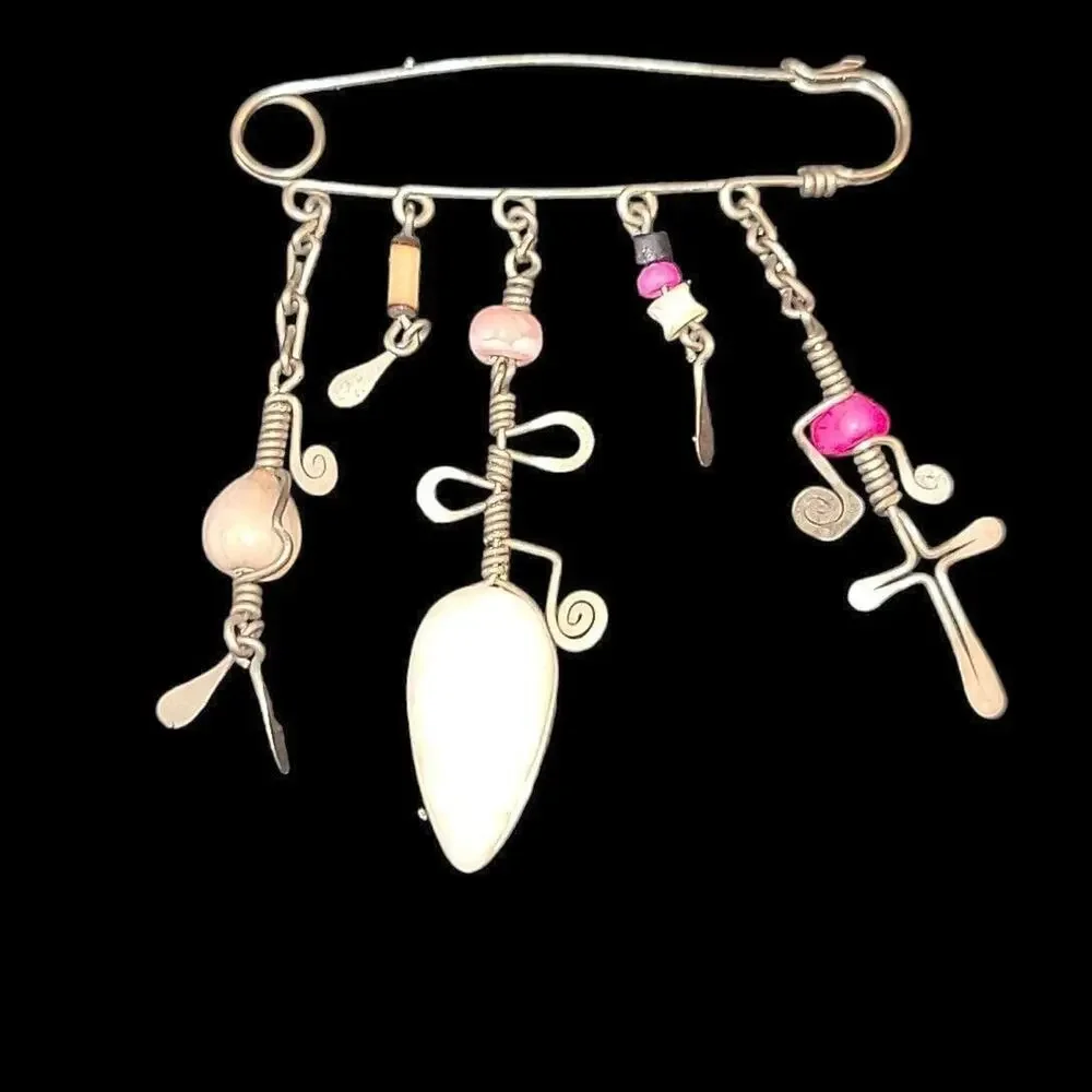Modernist Artisan Safety Pin Charm Brooch